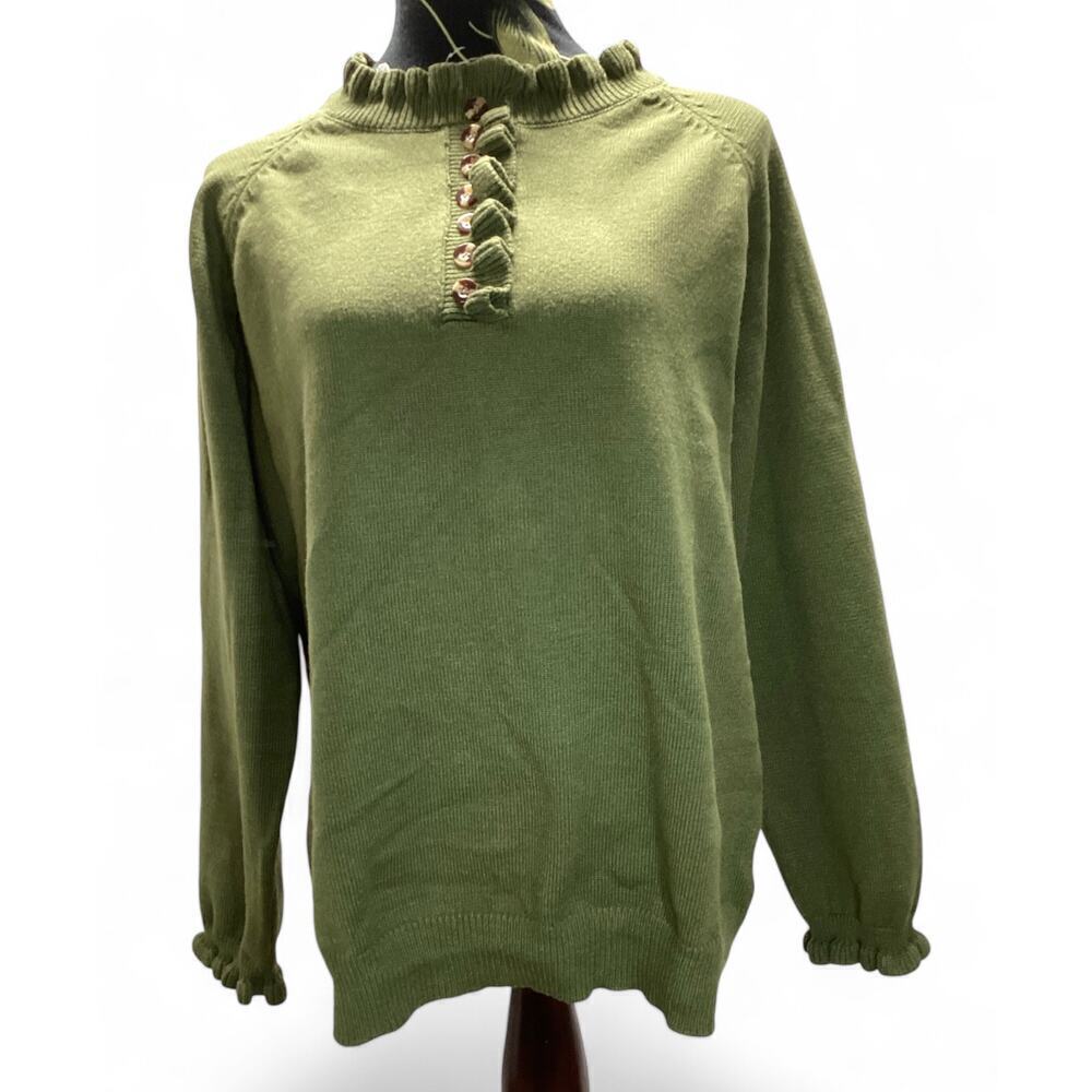 BTFMB long sleeve button down crewneck ruffle knit sweater women’s XL olivegreen